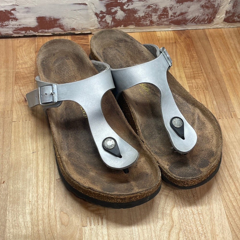 Birkenstock Gizeh Silver Metallic Thong Sandals Womens 38 L7 M5 Made in Germany